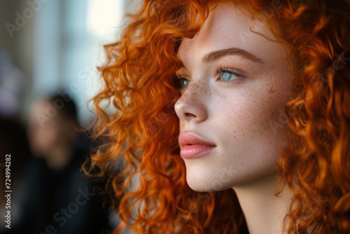 Girl with copper curly hair attending a vintage fashion show