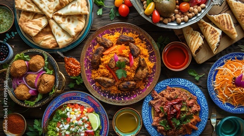 Arabic Cuisine: Middle Eastern traditional lunch. It's also Ramadan "Iftar". The meal eaten by Muslims after sunset during Ramadan. Assorted of Arabic oriental dishes. top view with close up.