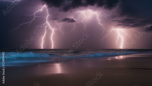 lightning over the sea This is a photo realistic image of a beach at night with multiple lightning strikes in the background, creating a stunning contrast between the dark purple sky 