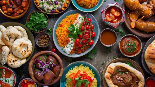 Arabic Cuisine: Middle Eastern traditional lunch. It's also Ramadan "Iftar". The meal eaten by Muslims after sunset during Ramadan. Assorted of Arabic oriental dishes. top view with close up.