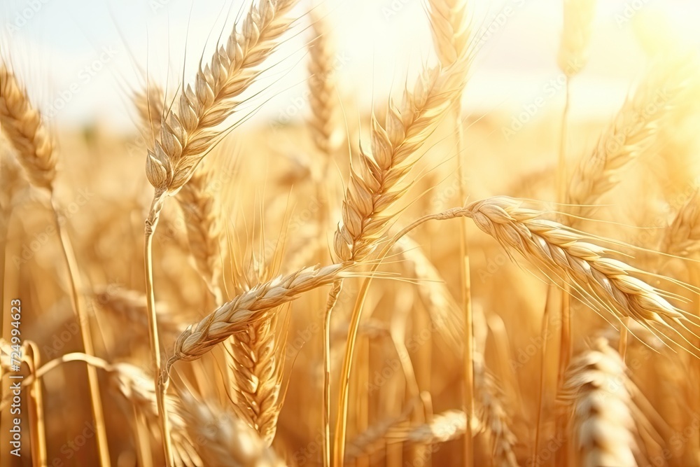 ripening wheat field with sunrise light - obrazy, fototapety, plakaty 