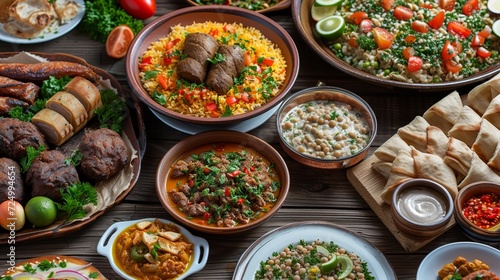 Arabic cuisine;Middle Eastern traditional lunch. It's also Ramadan 'Iftar'.The meal eaten by Muslims after sunset during Ramadan. Assorted of Egyptian oriental dishes.Served food for Family Gathering. photo