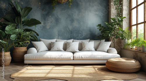 Fototapeta Naklejka Na Ścianę i Meble -  Scandi Boho living room interior, wall mockup, 3d render, Generative Ai.