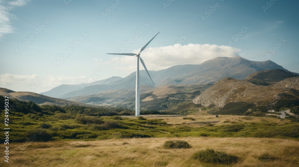 Wind turbine in field on sunny day Wind turbine in field on sunny day