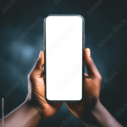 African American male hands holding a phone with an isolated screen on a dark blue background.