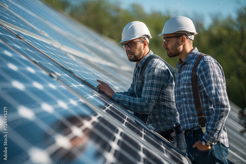 Colleagues discussing over solar panel in industry Colleagues discussing over solar panel in industry