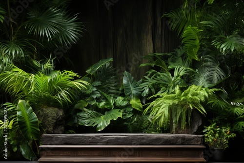 Rustic wooden podium in tropical forest for product presentation with green foliage background