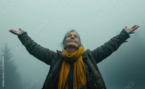Old woman raising her hands outdoor