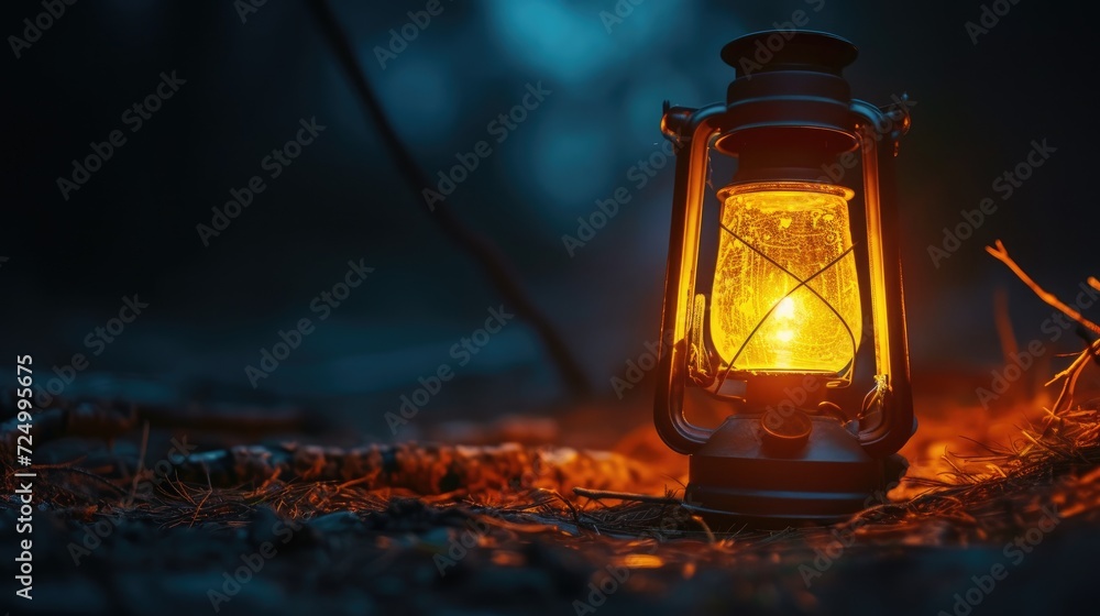 lantern illuminating the night at a campsite. Emphasize the warmth and coziness it brings to the outdoor adventure lantern illuminating the night at a campsite. Emphasize the warmth and coziness it brings to the outdoor adventure