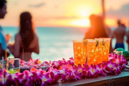 Refreshing cocktails on a beach bar table surrounded by pink lei flowers during a vibrant summer sunset.