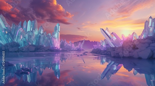 Fantastical Crystal Landscape at Sunset Reflecting in Tranquil Waters photo