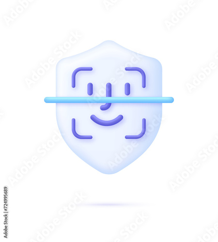 3D Face recognition illustration on shield. Concept of facial recognition, face ID system, biometric identification