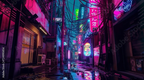 Cyberpunk Anime Cityscape with Vibrant Neon Lights and Reflective Wet Streets at Night