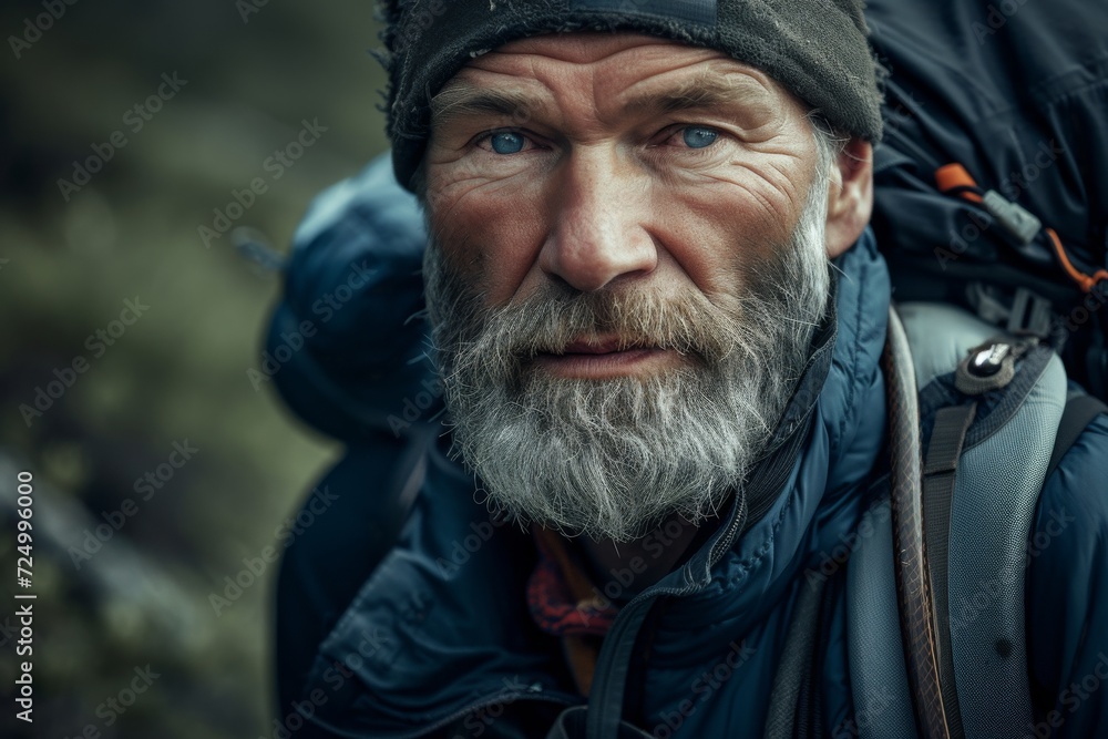 Rugged studio portrait of a middle-aged man with a rough beard, in outdoor gear, conveying a sense of adventure, against a natural, wilderness background Rugged studio portrait of a middle-aged man with a rough beard, in outdoor gear, conveying a sense of adventure, against a natural, wilderness background