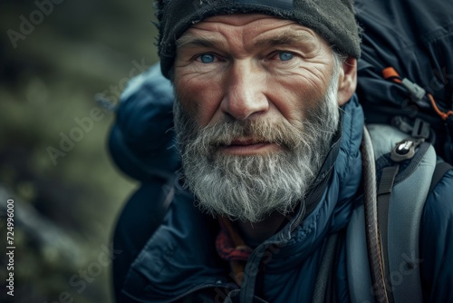 Rugged studio portrait of a middle-aged man with a rough beard, in outdoor gear, conveying a sense of adventure, against a natural, wilderness background © furyon