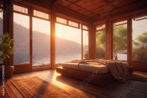 Inside the cozy wooden room, a sunlit window reveals a peaceful view of the water, adorned with carefully chosen furniture and a vase of fresh flowers on the bedside table