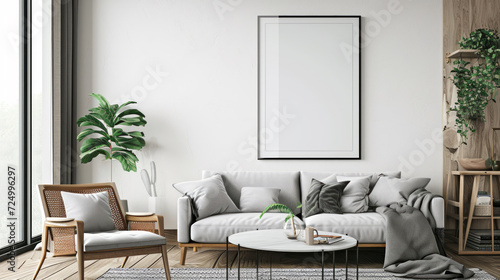 Frame mockup, reflective glass, mockup poster on the wall of living room. Interior mockup. Apartment background. Modern interior design, Generative Ai.