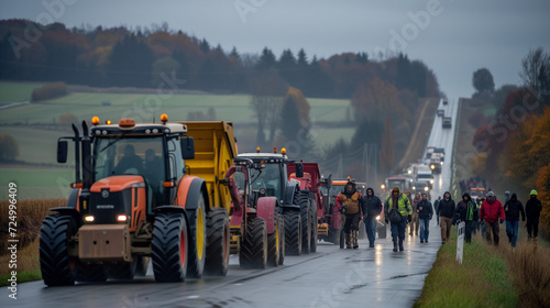 Farmers protesting on public road. Farmers strike blocking road with tractors. © Meta
