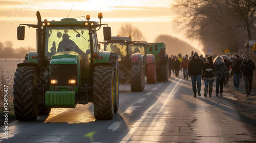 Farmers protesting on public road. Farmers strike blocking road with tractors.