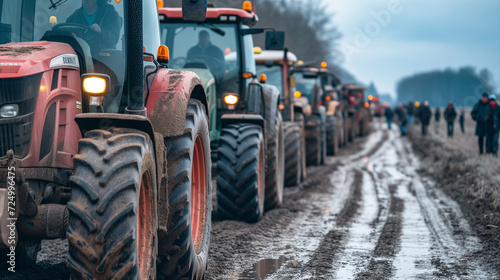 Farmers protesting on public road. Farmers strike blocking road with tractors.