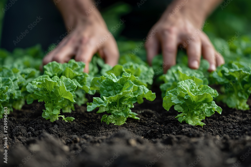 Hands of man planting lettuce seedlings in vegetable garden Hands of man planting lettuce seedlings in vegetable garden