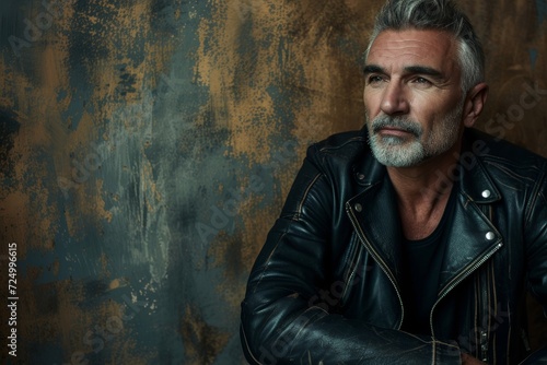 Studio portrait of a middle-aged man in a leather jacket, exuding a cool, retro vibe, against a vintage, rock-and-roll inspired background