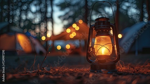 lantern illuminating the night at a campsite. Emphasize the warmth and coziness it brings to the outdoor adventure