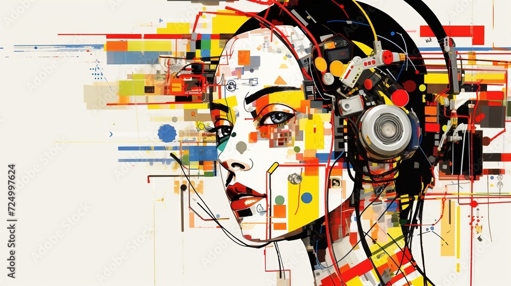 Profile of a female head with wires on it. Digital cyborg. Concept of artificial intelligence, improving human memory and cognitive abilities. Futuristic world. Illustration for cover, brochure, card.