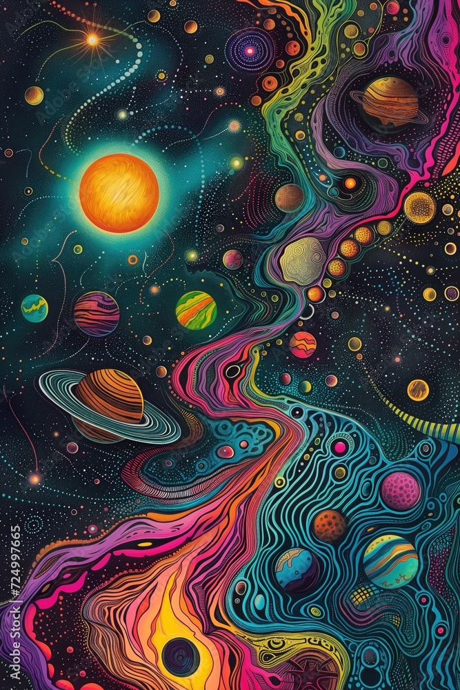 Cosmic maze of stars and planets illustration Cosmic maze of stars and planets illustration