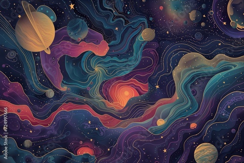 Cosmic maze of stars and planets illustration