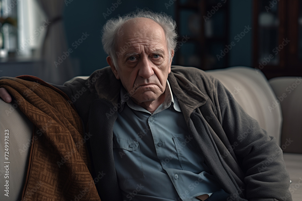 A sad, tired, sick, lonely, disappointed elderly man is sitting on a couch A sad, tired, sick, lonely, disappointed elderly man is sitting on a couch