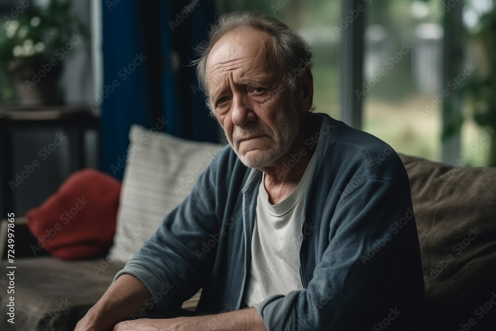 A sad, tired, sick, lonely, disappointed elderly man is sitting on a couch A sad, tired, sick, lonely, disappointed elderly man is sitting on a couch