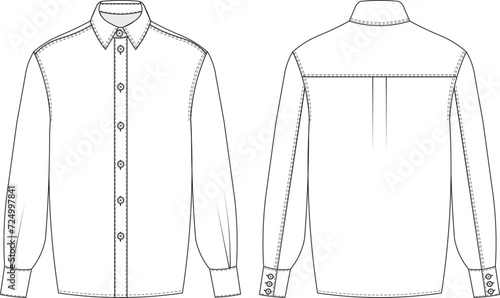 balloon long sleeve collared buttoned denim jean shirt template technical drawing flat sketch cad mockup fashion woman design style model