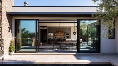 Home facade with sliding glass doors © Zahid