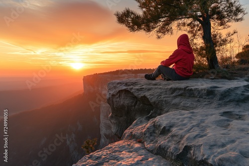 A person sitting on the edge of a cliff watching the sunset © Tymofii