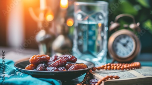 Iftar time cincpet. Kurma or dates fruit with glass of water, holy Quran, alarm clock showing 6 o'clock and prayer beads on the table. 