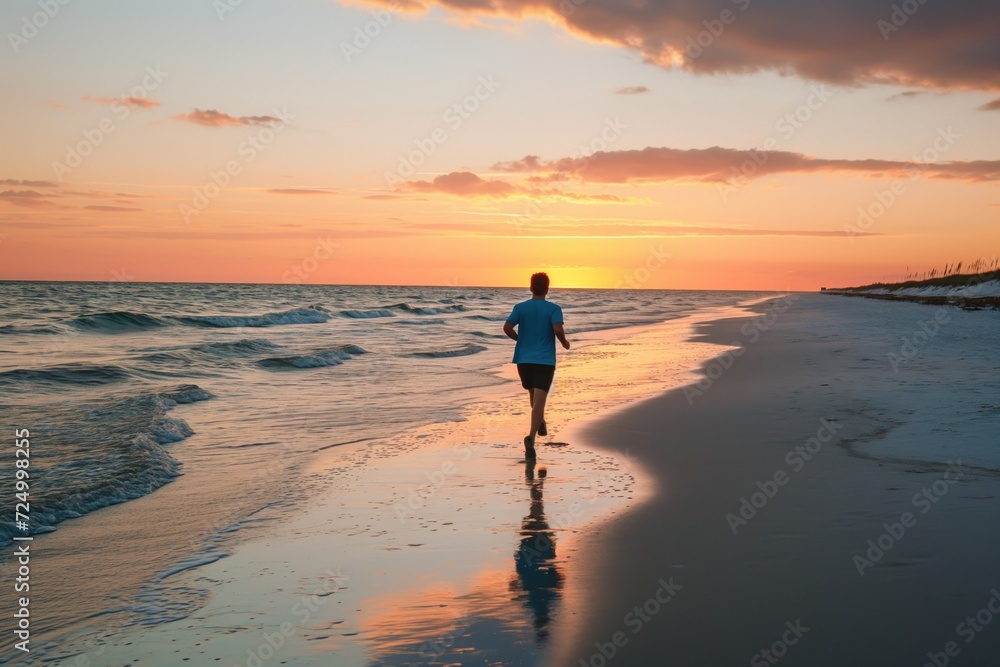 A person running on the beach against a sunset background