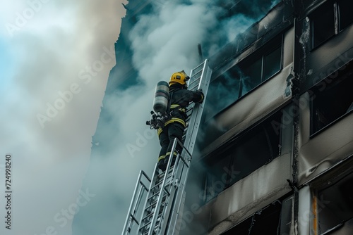 A firefighter using a ladder to rescue a person from building