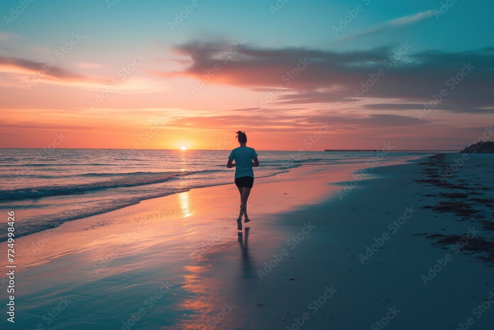© Tymofii - A person running on the beach against a sunset background © Tymofii - A person running on the beach against a sunset background