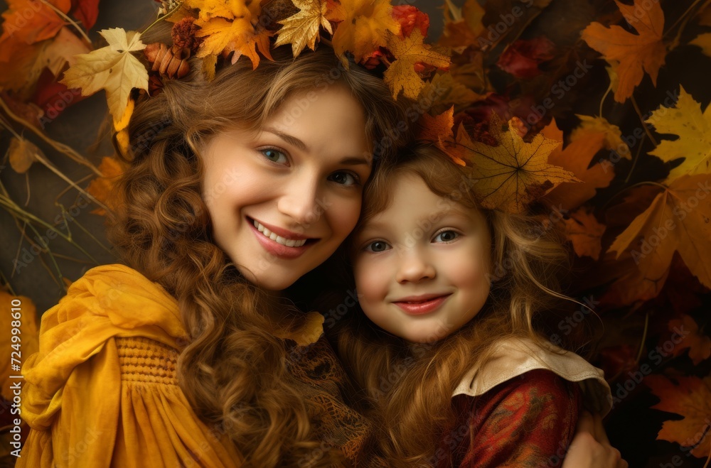 A joyful woman and her daughter embrace the season of fall, adorned in cozy clothing, as they share a heartwarming moment captured in a portrait surrounded by autumn leaves