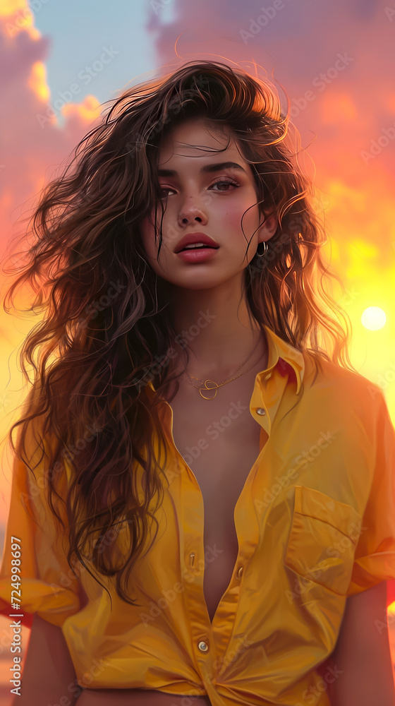 Generate a portrait of a woman with wavy hair, wearing a yellow shirt, and standing in front of a sunset Generate a portrait of a woman with wavy hair, wearing a yellow shirt, and standing in front of a sunset