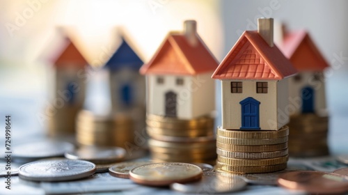 The house stands on coins and money
. Bid. Saving money to buy new house. High rent price or home insurance