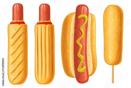 Corndog and hotdog with ketchup, mustard. Vector color realistic illustration. photo
