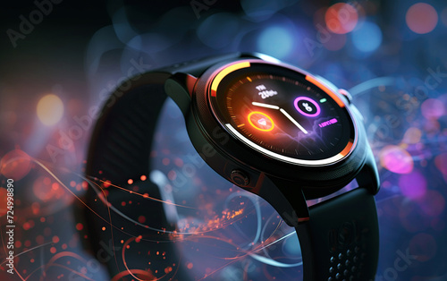 Modern smartwatch wearable with fitness tracking functions over an abstract colorful background