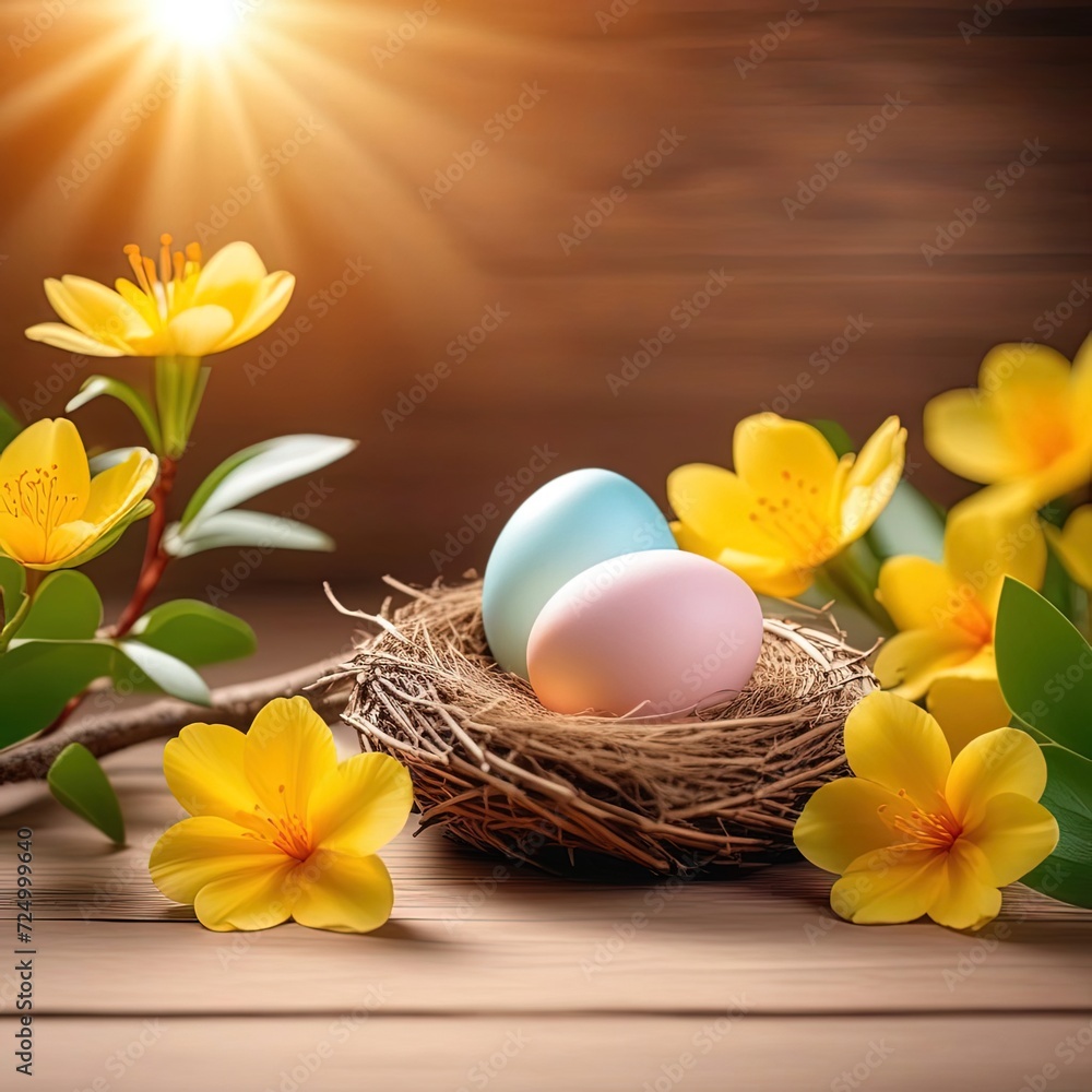 Happy Easter concept with easter eggs in nest and spring flowers. Easter background with copy space. Happy Easter concept with easter eggs in nest and spring flowers. Easter background with copy space.