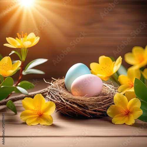 Happy Easter concept with easter eggs in nest and spring flowers. Easter background with copy space.
