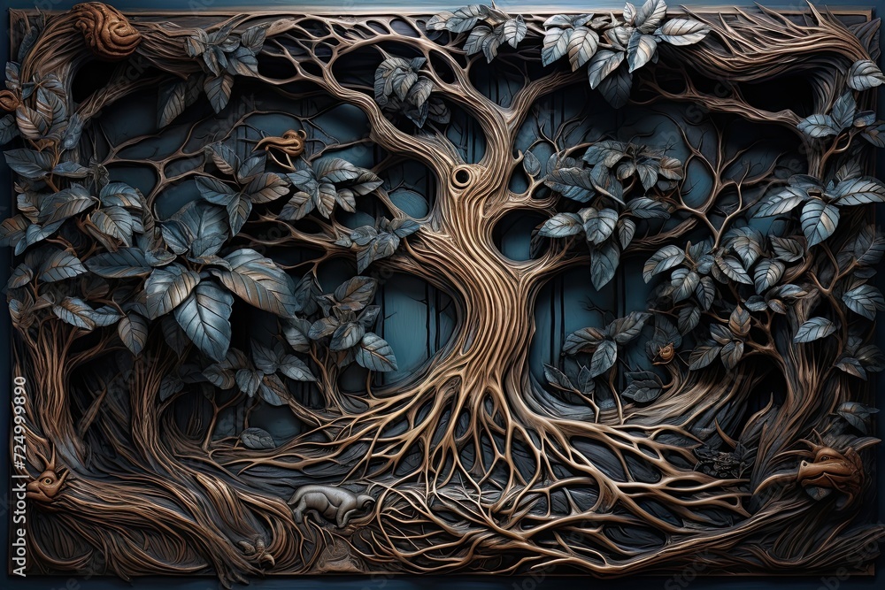 3d illustration background, luxury woodcarving of tree with vines and leaves