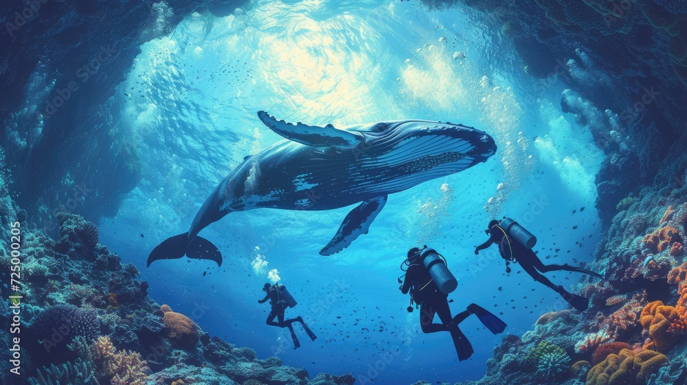 a group of scuba diving student in tropical ocean coral reef sea under water with big whale a group of scuba diving student in tropical ocean coral reef sea under water with big whale
