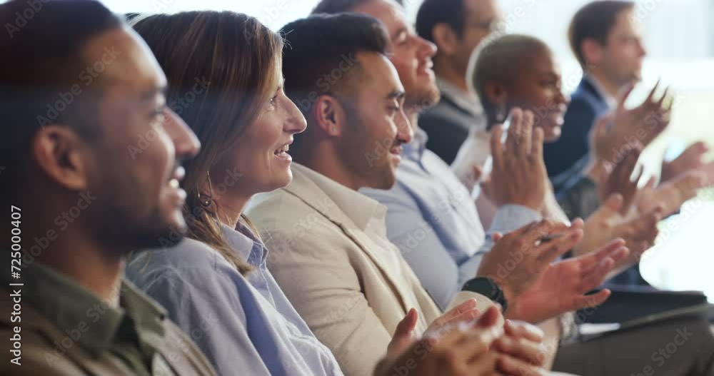 Business people, conference and applause, presentation and support with audience and team building. Professional workshop, diversity and clap hands for corporate achievement with success at seminar