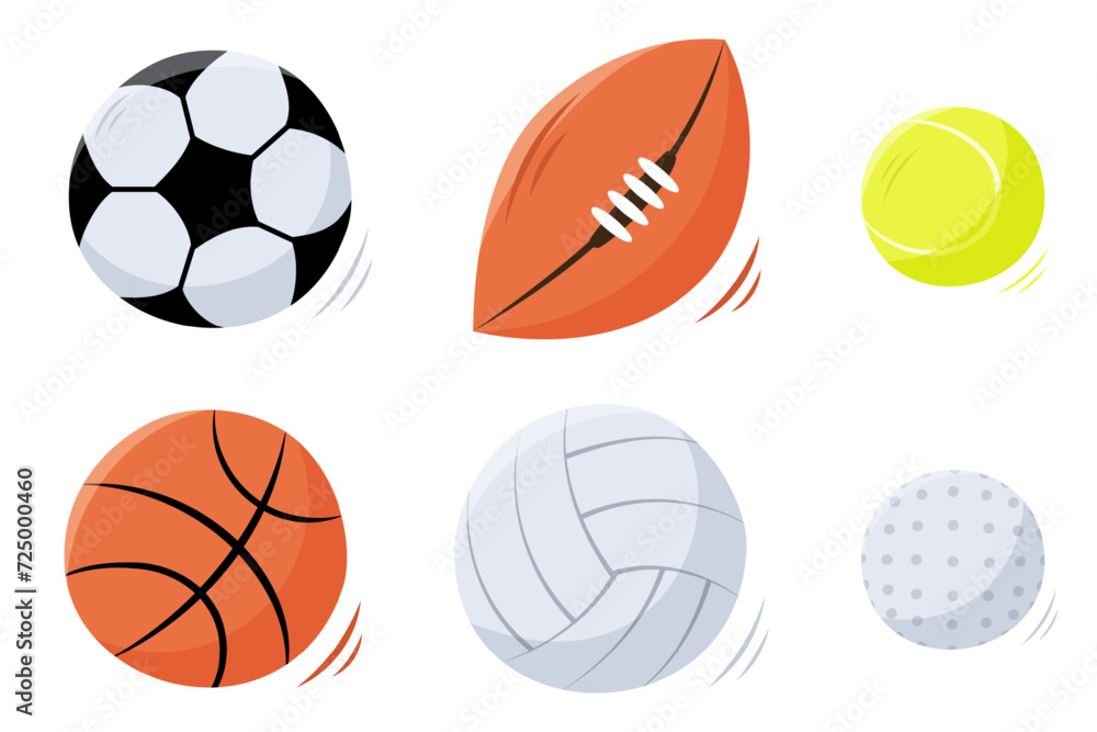 Set of sport balls in hand draw style isolated on white.Soccer, football,rugby,basketball,volleyball,golf, and tennis ball.Vector illustration of sport equipment . Flat style. 